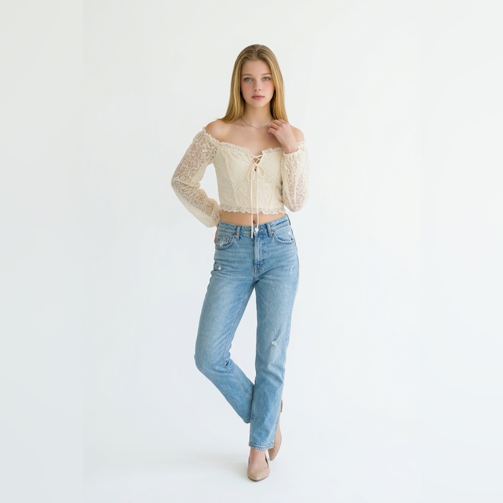 privy Cream Lace Tie-Front Peasant Top. Size M P2P 16, Length 10